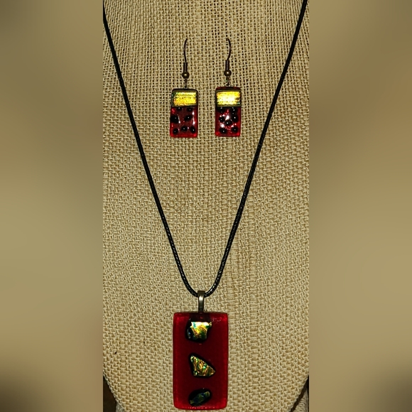 VINTAGE 2 PCS SET FUSED GLASS LAMPWORK PENDANT NECKLACE & EARRINGS - Picture 12 of 16